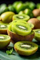 AI generated Sliced kiwi fruit on a vibrant green plate photo