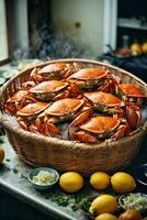 AI generated A basket filled with crabs and lemons photo