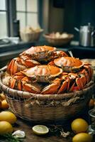 AI generated A basket filled with crabs and lemons photo