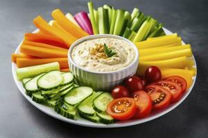 AI generated Crop shot of plate with colorful healthy sliced vegetables. AI Generated photo