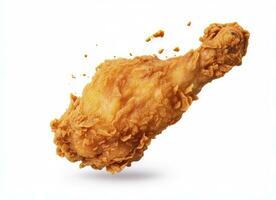 AI generated Fried chicken leg falling in the air isolated on a white background. AI Generated. photo