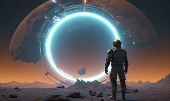 AI generated Astronaut in front of dimensional portal.  AI Generated. photo