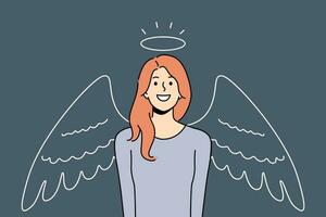 Woman with halo and angel wings smiles, calling to be kind and merciful towards others. Girl angel wants to become volunteer charitable organization that helps those in need in solving social problems vector