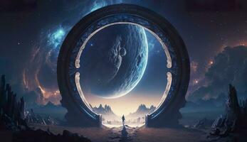 AI generated Portal to another world. Futuristic cosmic landscape with circle tunnel in starry sky. Generative AI photo