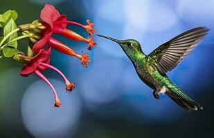 ai generado colibrí pájaro volador siguiente a un hermosa rojo flor con lluvia. ai generado foto