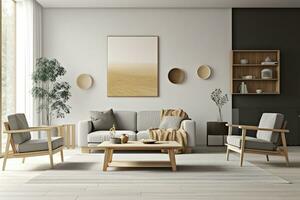 AI generated Interior of light living room with grey sofas, wooden armchair, and coffee table. AI Generated photo