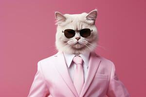 AI generated A cat is wearing sunglasses and suit on Pink Background. AI Generated photo