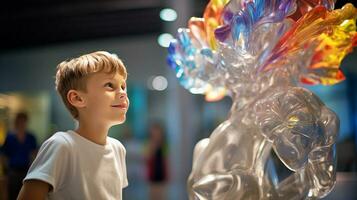 AI generated Young Boy Admiring Glass Sculpture photo