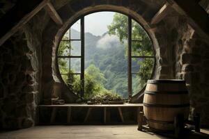 ai generado barril en un antiguo castillo junto a el ventana. ai generado foto