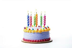 AI generated Colourful birthday cake with candles isolated on white background. AI Generated photo