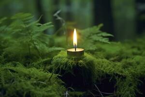 AI generated Burning candle on moss, dark green blurred the natural background. Magic candle. Generative AI photo