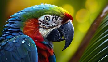 ai generado tropical guacamayo encaramado, vibrante plumas en enfocar. generativo ai foto