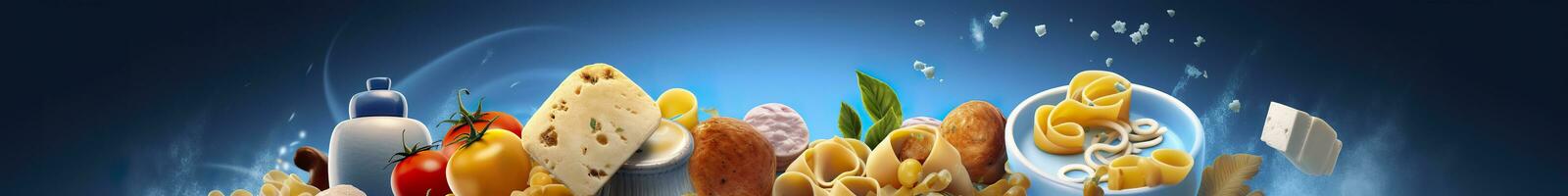 AI generated Web page banner of famous Italian food recipes on clean blue background. AI Generated photo