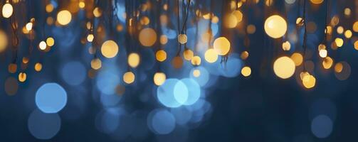 AI generated holiday illumination and decoration concept, Christmas garland bokeh lights over dark blue background. AI Generated photo