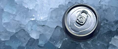 AI generated Top of drink tin can iced submerged in frost ice, metal aluminum beverage. Generative AI photo