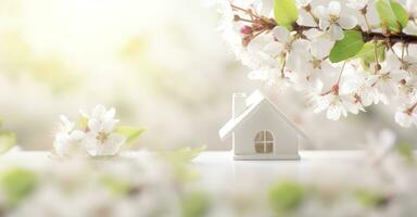 AI generated Toy house and cherry flowers, spring abstract natural background. Generative AI photo