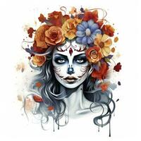 AI generated Woman sugar skull with beautiful colored flowers on white background. AI Generated photo