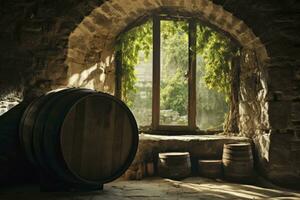 ai generado barril en un antiguo castillo junto a el ventana. ai generado foto