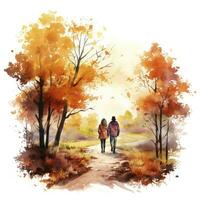 AI generated Watercolor autumn landscape with a couple walking. AI Generated photo