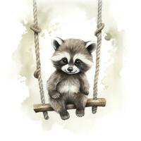 AI generated Cute baby raccoon in watercolour style, sitting on swings attached to the tree. AI Generated photo