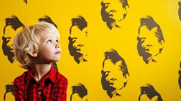 AI generated Little Boy in Front of Yellow Wall with Picture photo