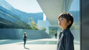 AI generated Young Boy Standing in Front of a Building photo