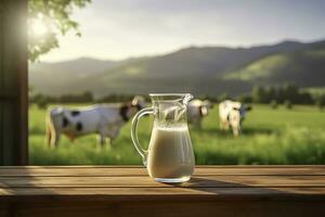 AI generated Glass pitcher with fresh milk on a wooden table. AI Generated photo