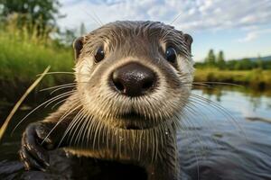 AI generated Otter in the water. AI Generated photo