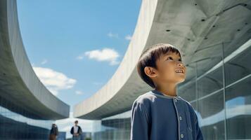 AI generated Young Boy Standing in Front of a Building photo