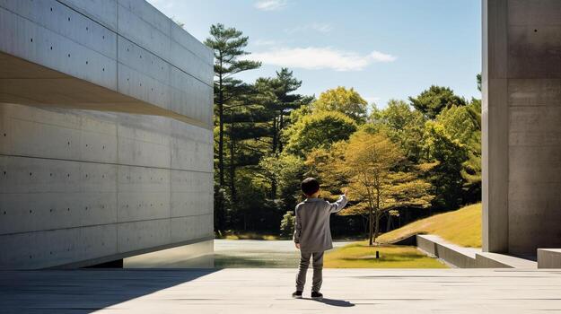 AI generated Man Standing in Front of Building with Trees in Background photo