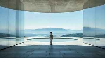 AI generated Person Standing in Large Room with Mountains in Background photo