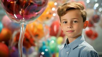 AI generated Young Boy with Colorful Balloons photo