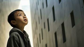 AI generated Young Boy in Front of Towering Skyscraper photo