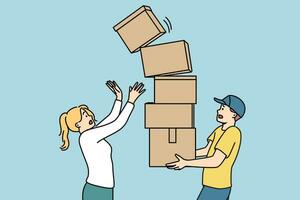 Man courier carries stack of boxes and drops one of parcels standing near woman recipient of order. Clumsy courier risks spoiling goods during delivery due to lack of professionalism vector