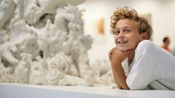 AI generated A Joyful Boy Captivated by a Statue photo