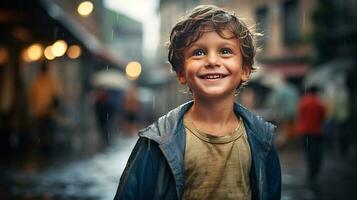 AI generated Young Boy's Joyful Rainy Day photo