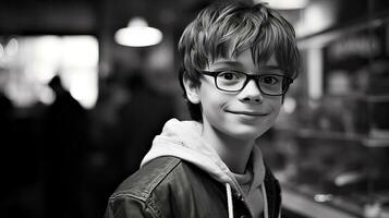 ai generado un elegante joven chico con lentes y un cuero chaqueta foto