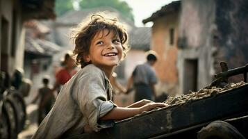 AI generated Smiling Young Boy Sitting on a Cart photo