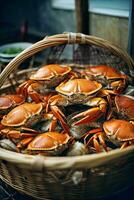 AI generated A basket filled with crabs on a table photo