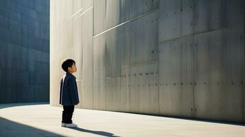 AI generated Little Boy Standing in Front of a Building photo