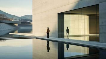 AI generated Man Standing in Front of Building by the Water photo