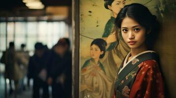 ai generado un mujer en tradicional kimono poses junto a un hermosa pintura foto