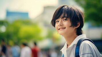 ai generado un sonriente joven hombre con un mochila foto