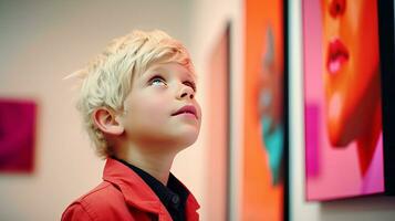 AI generated Young Boy Admiring Artwork photo