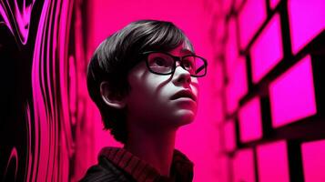 AI generated Young Boy with Glasses Standing in Front of Pink Wall photo