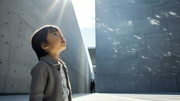 AI generated Little Boy Admiring a Majestic Building photo