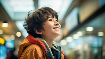 AI generated Boy with Backpack Gazing at the Sky photo