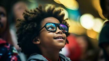 AI generated Young Boy with Glasses Gazing at the Sky photo