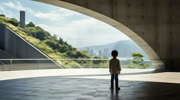 AI generated Person Standing in Room with Mountain View photo