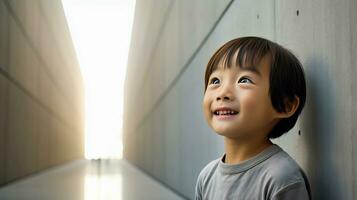 AI generated Little Boy Standing in Front of a Wall photo